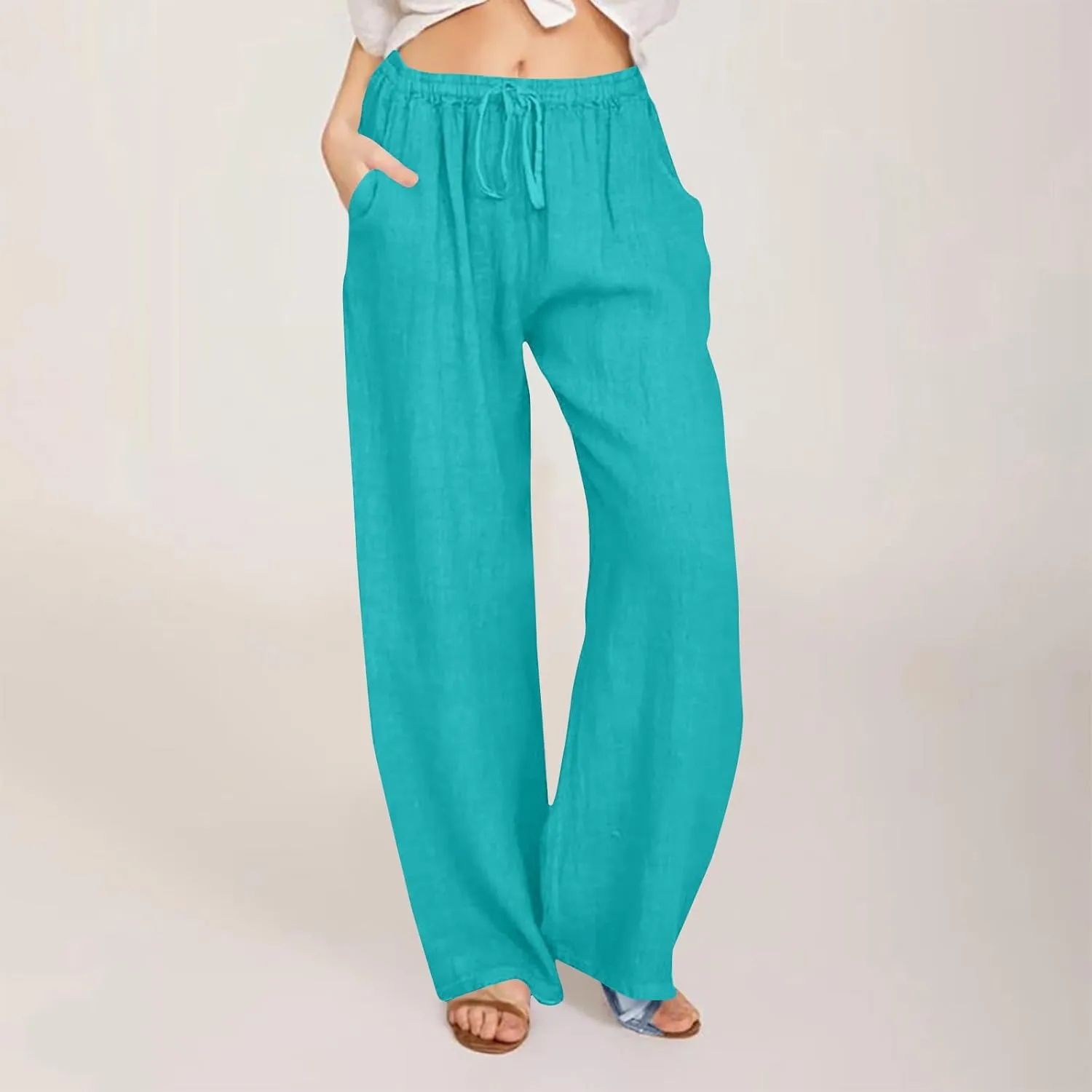 Summer Cotton Linen Pants for Women Loose Straight Leg Drawstring Trouser Casual Elastic Waist Long Pant with Pockets