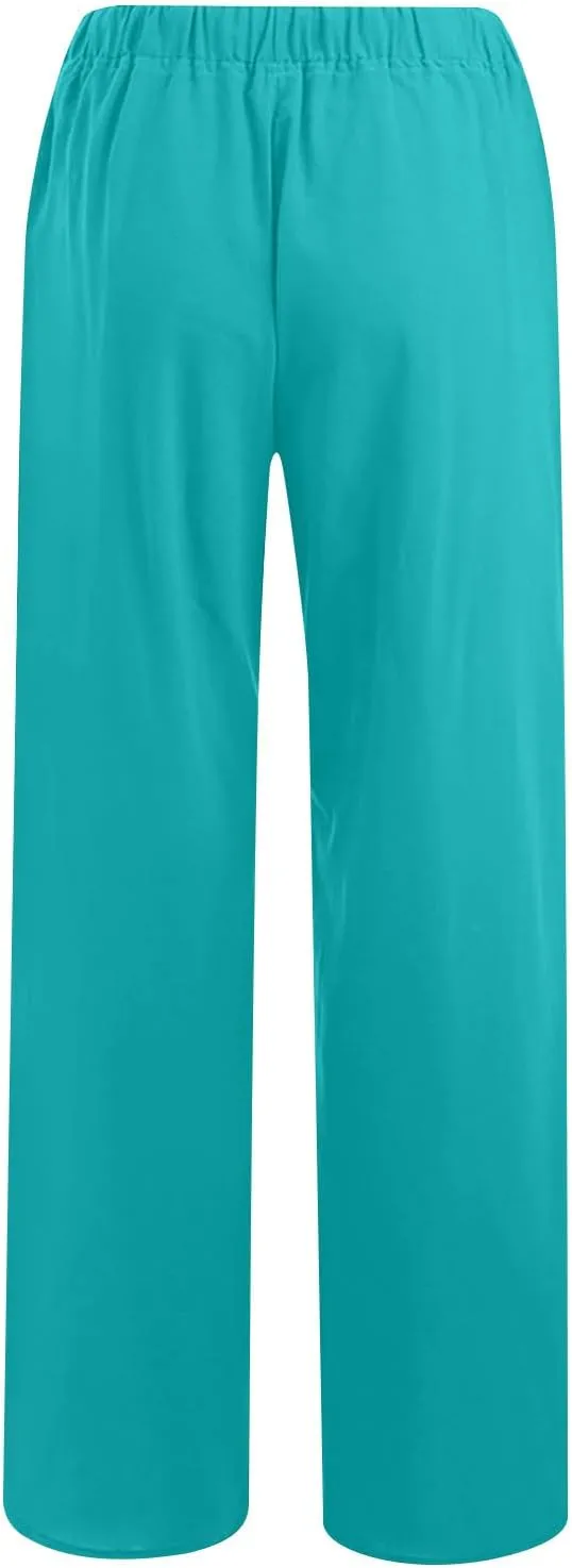 Summer Cotton Linen Pants for Women Loose Straight Leg Drawstring Trouser Casual Elastic Waist Long Pant with Pockets