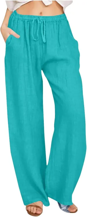 Summer Cotton Linen Pants for Women Loose Straight Leg Drawstring Trouser Casual Elastic Waist Long Pant with Pockets