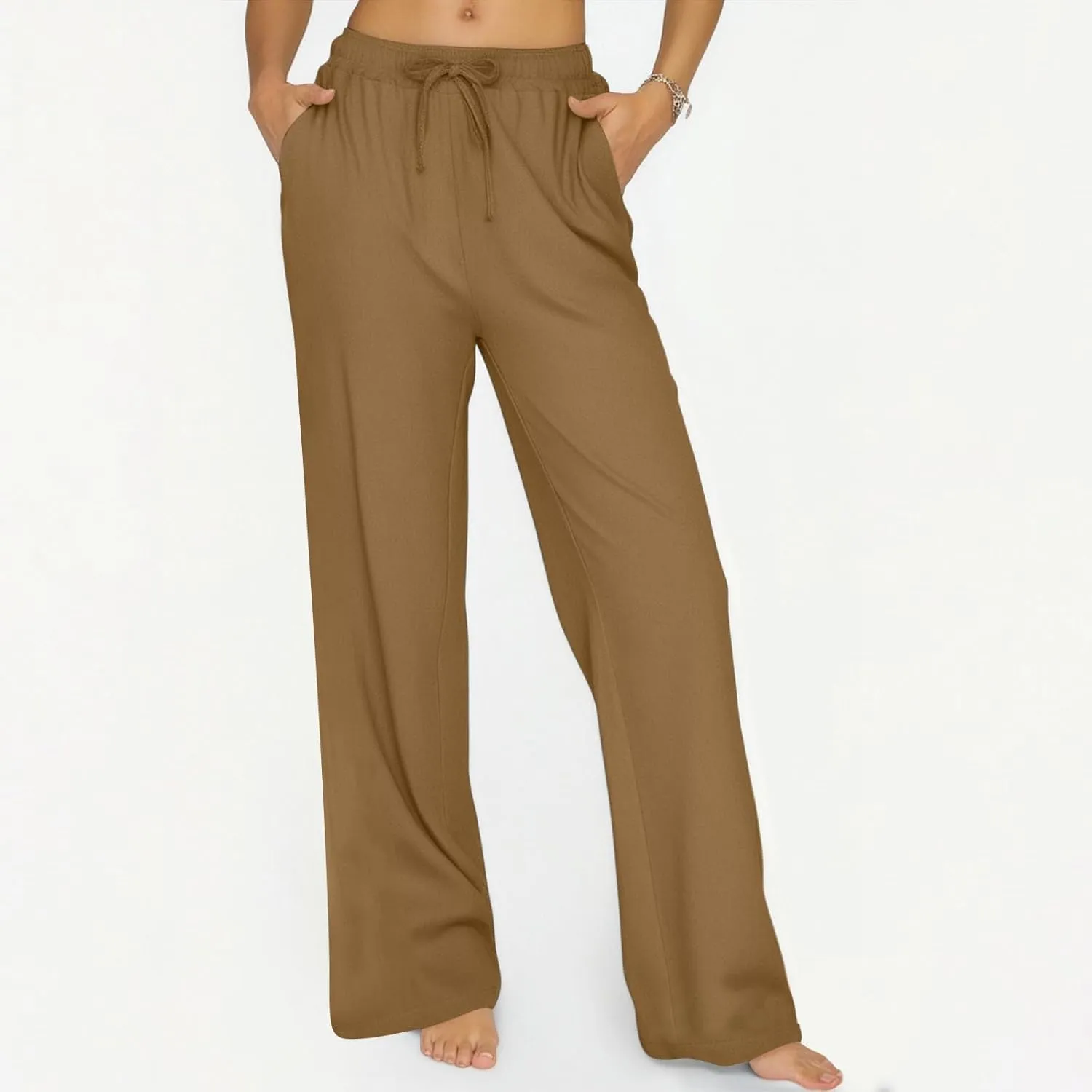 Summer Pants for Women 2025 Elastic High Waisted Wide Leg Pants Beach Vacation Cover Up Lounge Pants with Pockets
