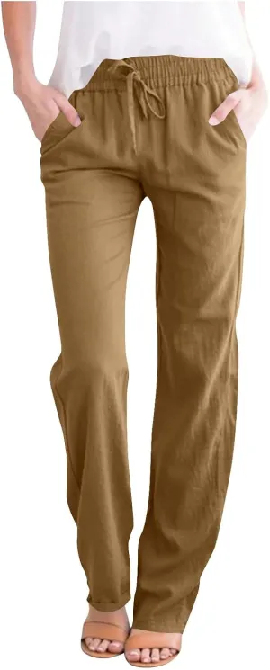 Summer Pants for Women 2025 Elastic High Waisted Wide Leg Pants Beach Vacation Cover Up Lounge Pants with Pockets