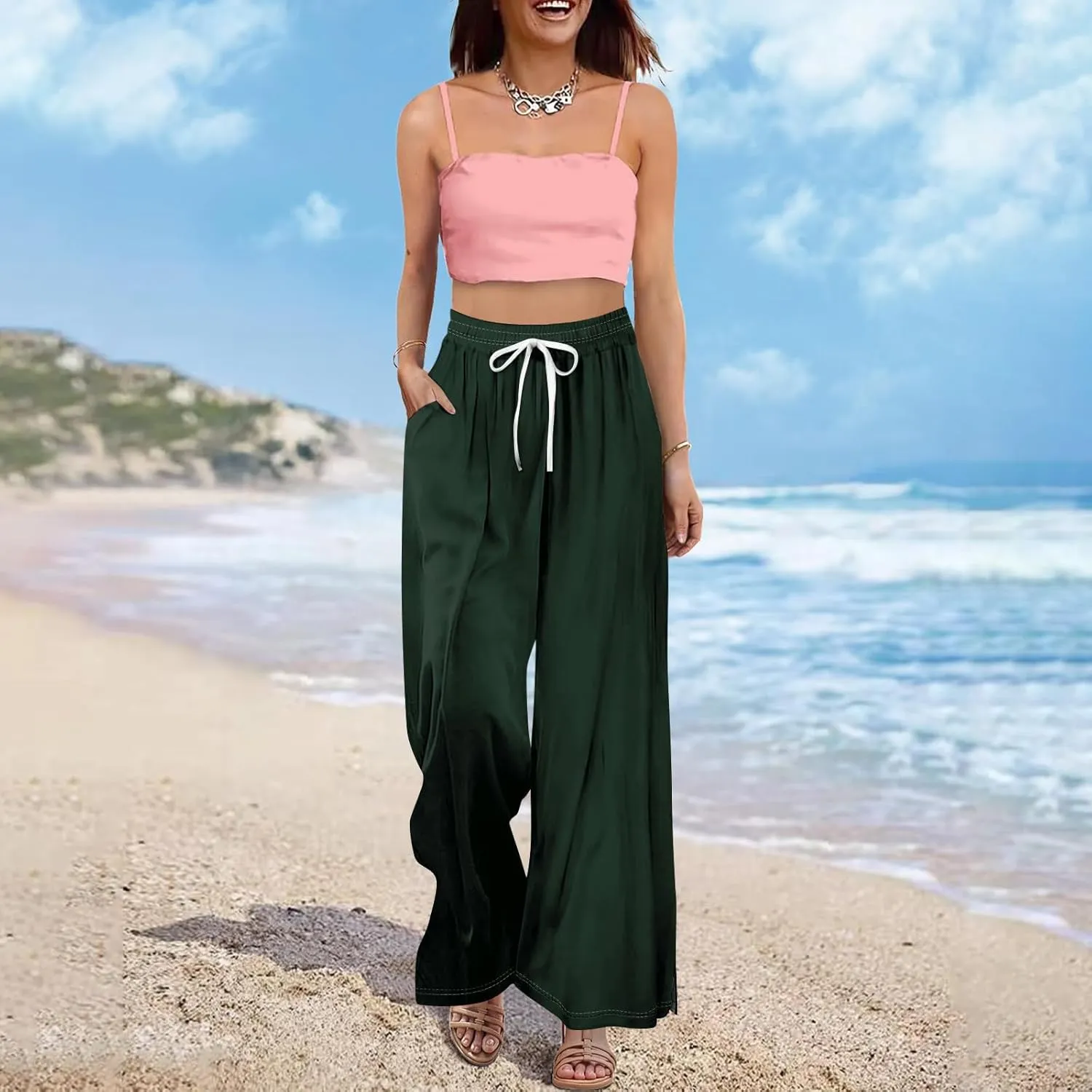 Summer Wide Leg Pants for Women High Waistd Flowy Pants Side Split Drawstring Elastic Waist Solid with Pockets Outfits