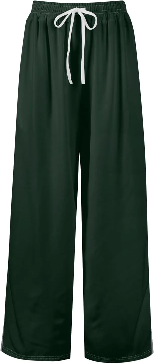 Summer Wide Leg Pants for Women High Waistd Flowy Pants Side Split Drawstring Elastic Waist Solid with Pockets Outfits
