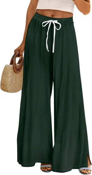 Summer Wide Leg Pants for Women High Waistd Flowy Pants Side Split Drawstring Elastic Waist Solid with Pockets Outfits