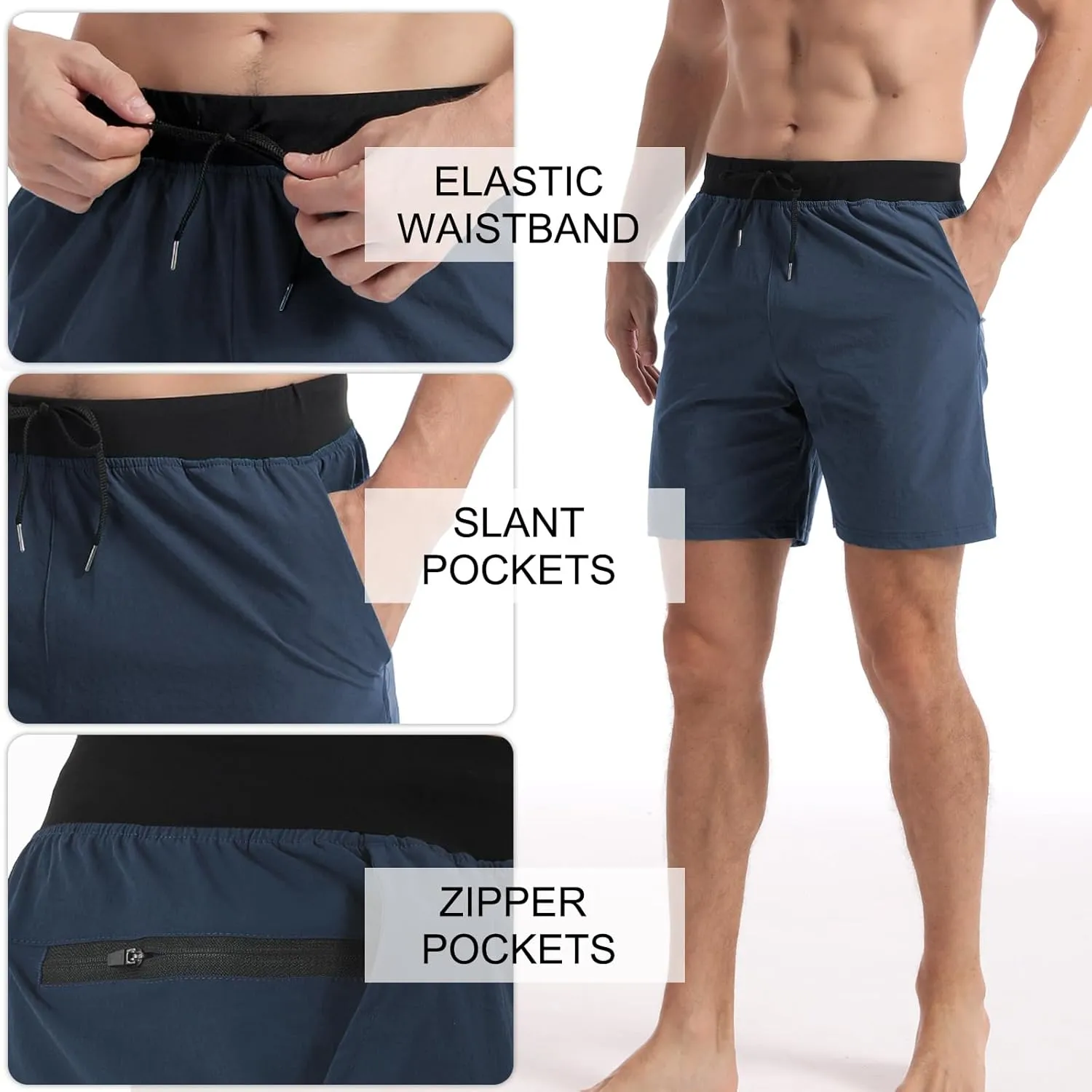 Surenow Men's Running Shorts Workout Quick Dry Shorts with Zipper Pockets Lightweight Gym Athletic Shorts for Men