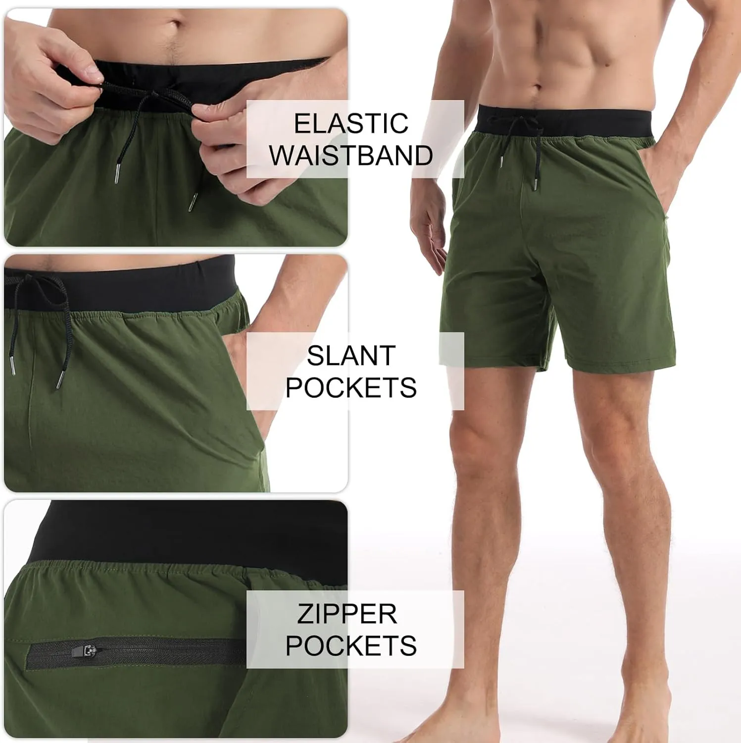 Surenow Men's Running Shorts Workout Quick Dry Shorts with Zipper Pockets Lightweight Gym Athletic Shorts for Men