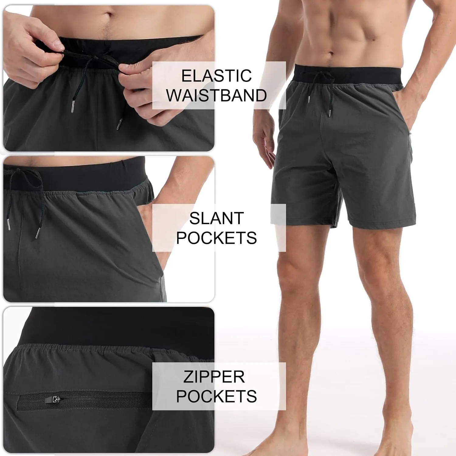 Surenow Men's Running Shorts Workout Quick Dry Shorts with Zipper Pockets Lightweight Gym Athletic Shorts for Men