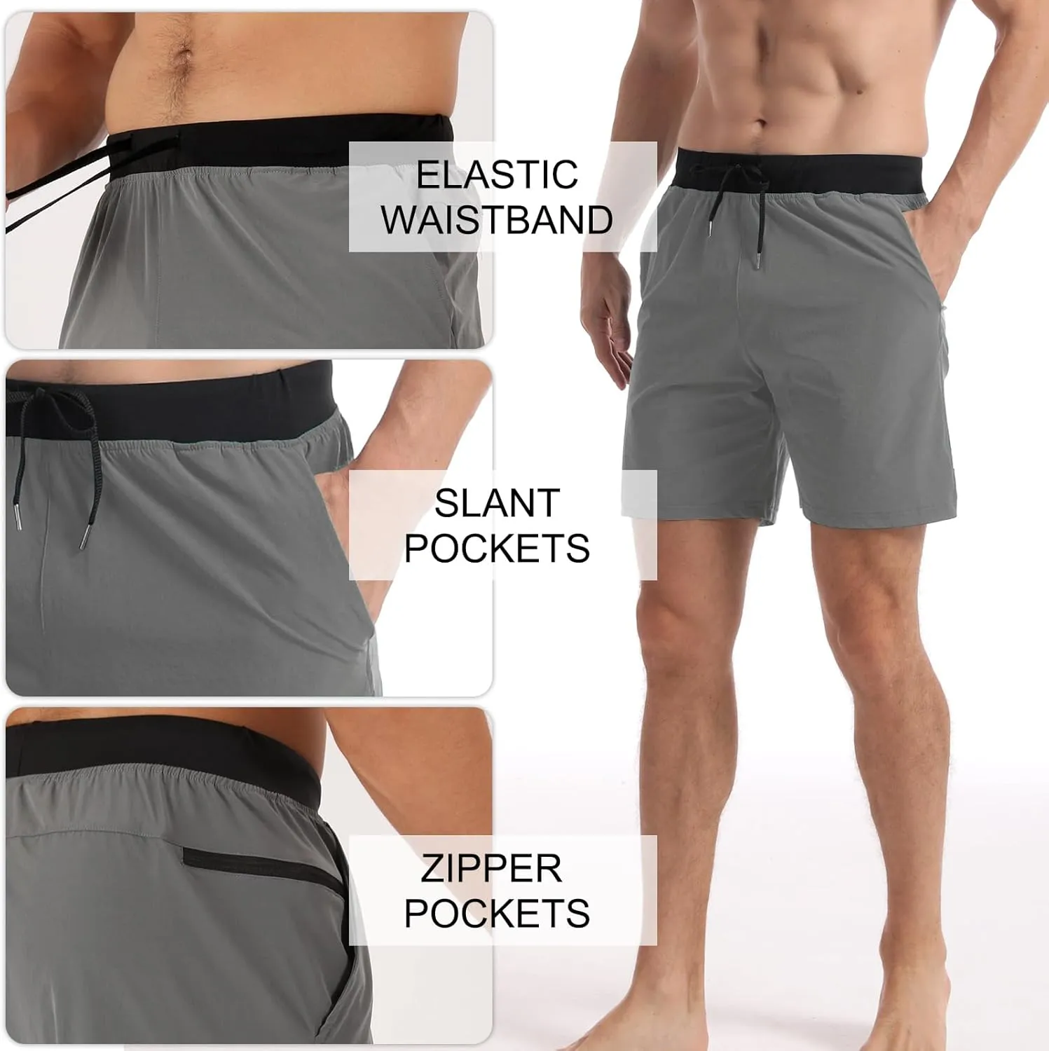 Surenow Men's Running Shorts Workout Quick Dry Shorts with Zipper Pockets Lightweight Gym Athletic Shorts for Men