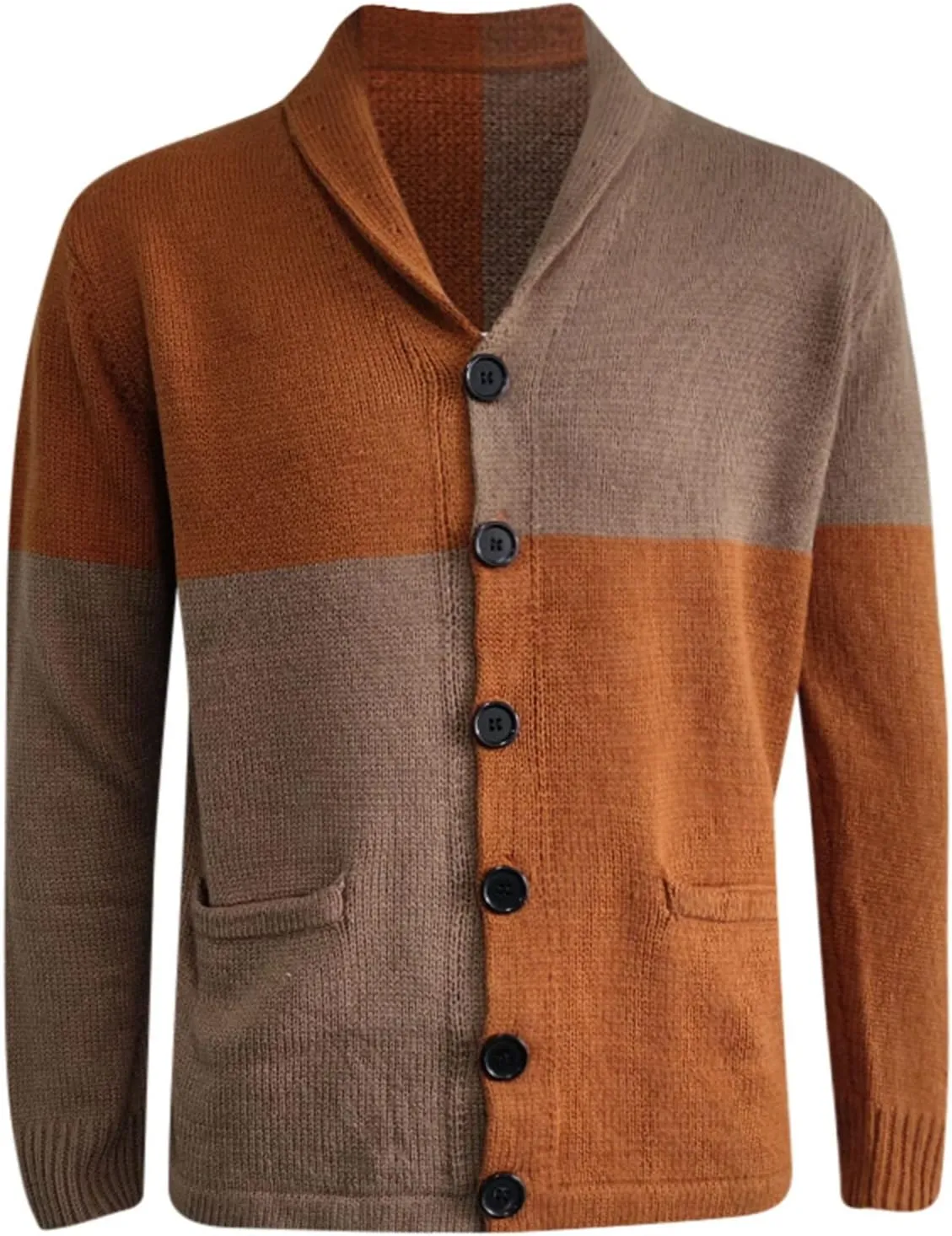 Sweaters for Men Mens Patchwork Wool Blended Shawl Collar Cardigan Sweater Button Down with Pockets