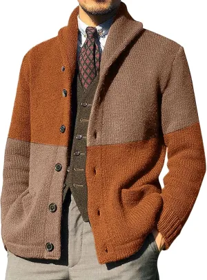 Sweaters for Men Mens Patchwork Wool Blended Shawl Collar Cardigan Sweater Button Down with Pockets