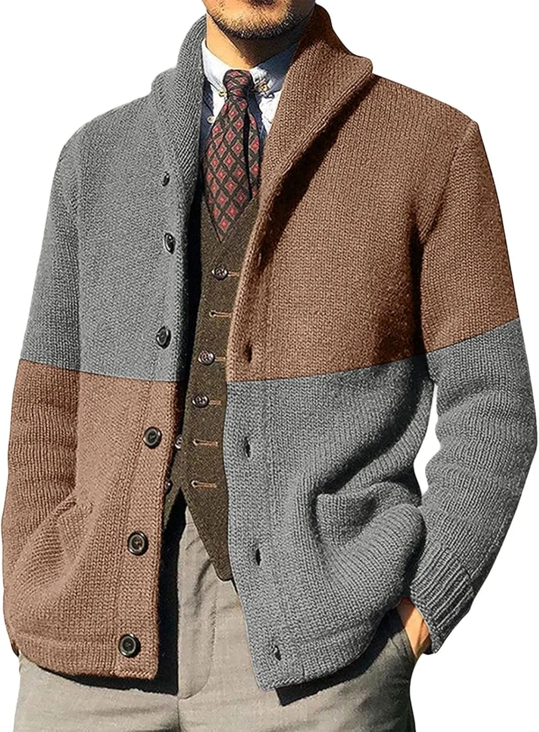 Sweaters for Men Mens Patchwork Wool Blended Shawl Collar Cardigan Sweater Button Down with Pockets