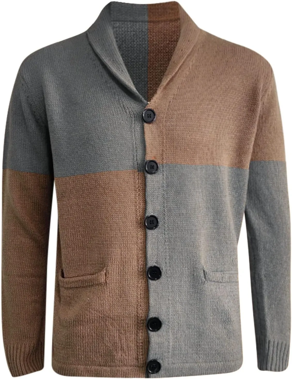 Sweaters for Men Mens Patchwork Wool Blended Shawl Collar Cardigan Sweater Button Down with Pockets