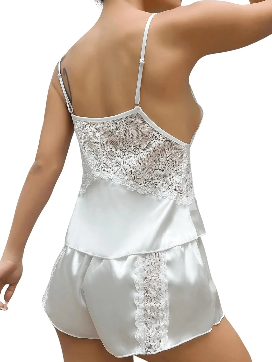 SweatyRocks Women's 2 Piece Satin Lingerie Set Floral Lace V Neck Cami Bralette and Panty Sleepwear