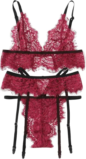 SweatyRocks Women's 2 Piece Sexy Lace Strap Bralette Bra and Panty Lingerie Set Burgundy #2 M