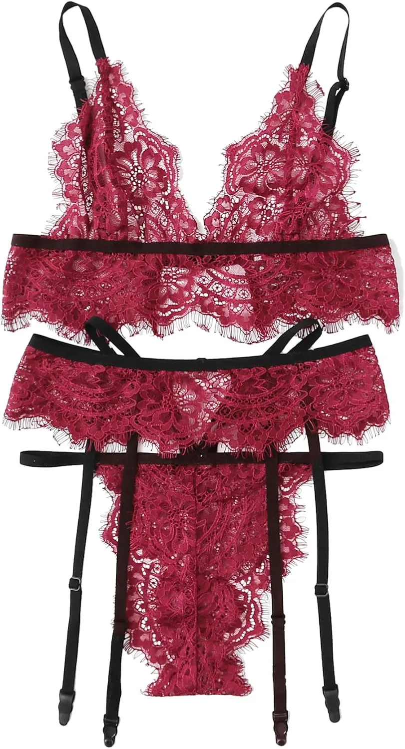 SweatyRocks Women's 2 Piece Sexy Lace Strap Bralette Bra and Panty Lingerie Set Burgundy #2 M