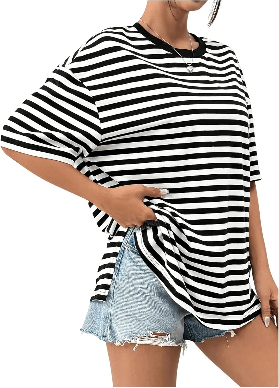 SweatyRocks Women's Oversized T Shirt Short Sleeve Striped Summer Tops Crew Neck Split Hem Casual Loose Basic Tee Shirts