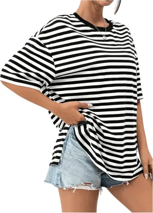 SweatyRocks Women's Oversized T Shirt Short Sleeve Striped Summer Tops Crew Neck Split Hem Casual Loose Basic Tee Shirts
