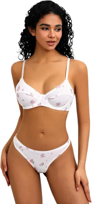 SweatyRocks Women's Print Triangle Bra and Panty 2 Piece Lingerie Set