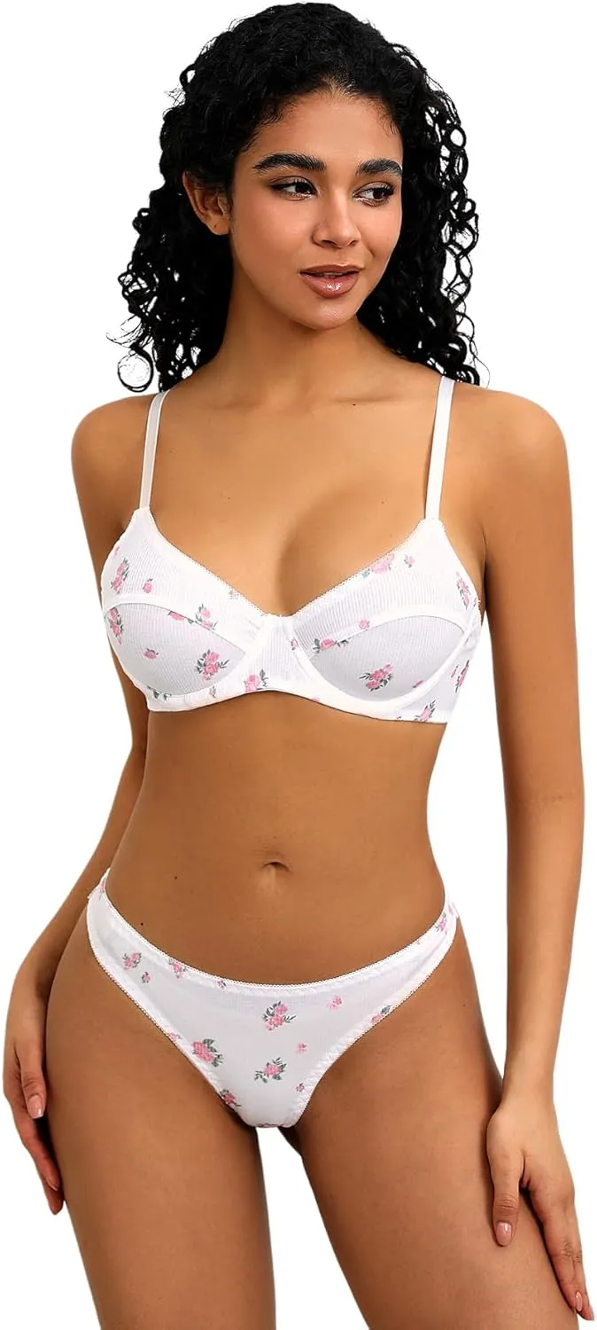 SweatyRocks Women's Print Triangle Bra and Panty 2 Piece Lingerie Set