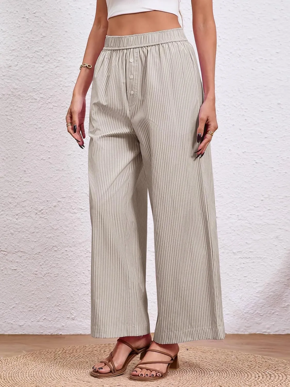 Tankaneo Womens Boxer Pants Striped Lounge Pajama Bottoms Elastic High Waisted Wide Leg Trousers with Pockets