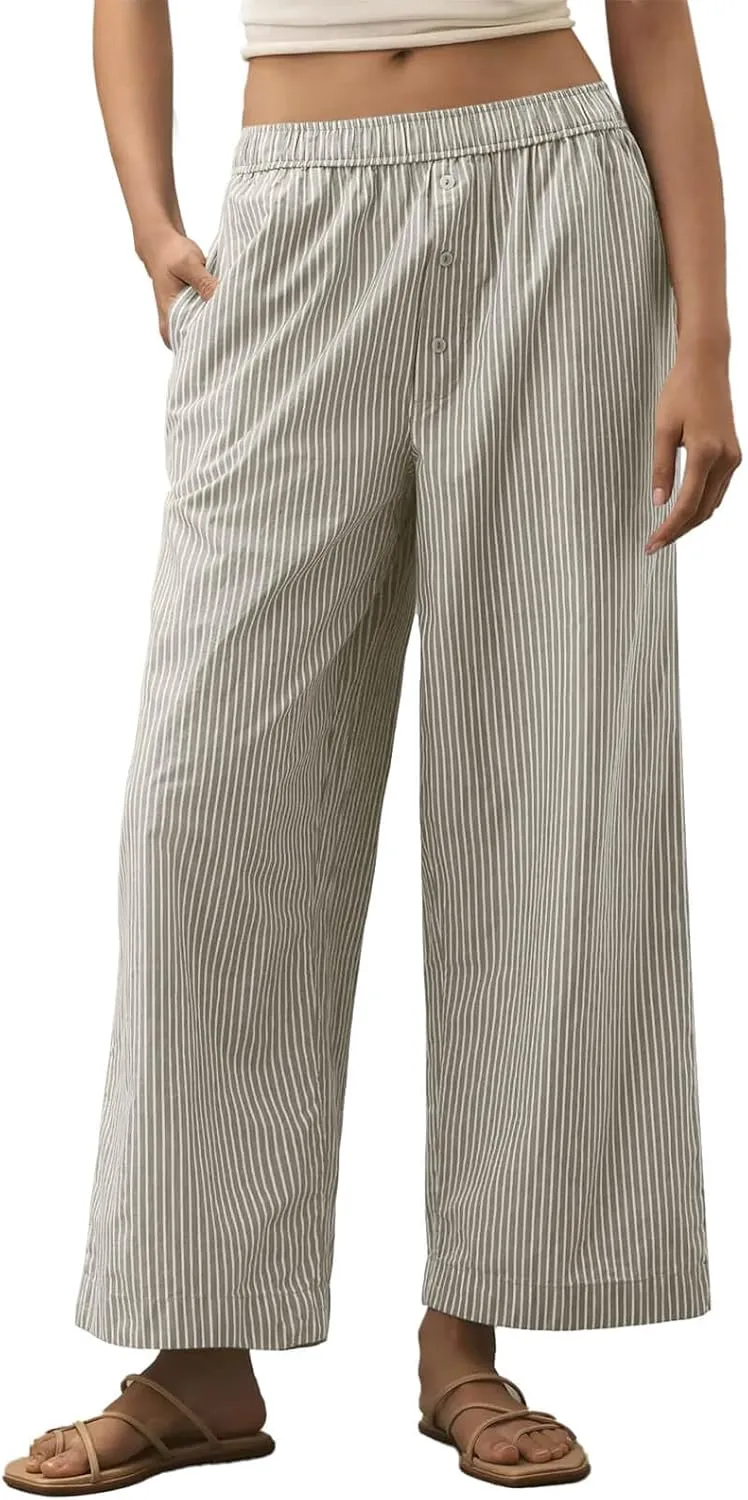 Tankaneo Womens Boxer Pants Striped Lounge Pajama Bottoms Elastic High Waisted Wide Leg Trousers with Pockets