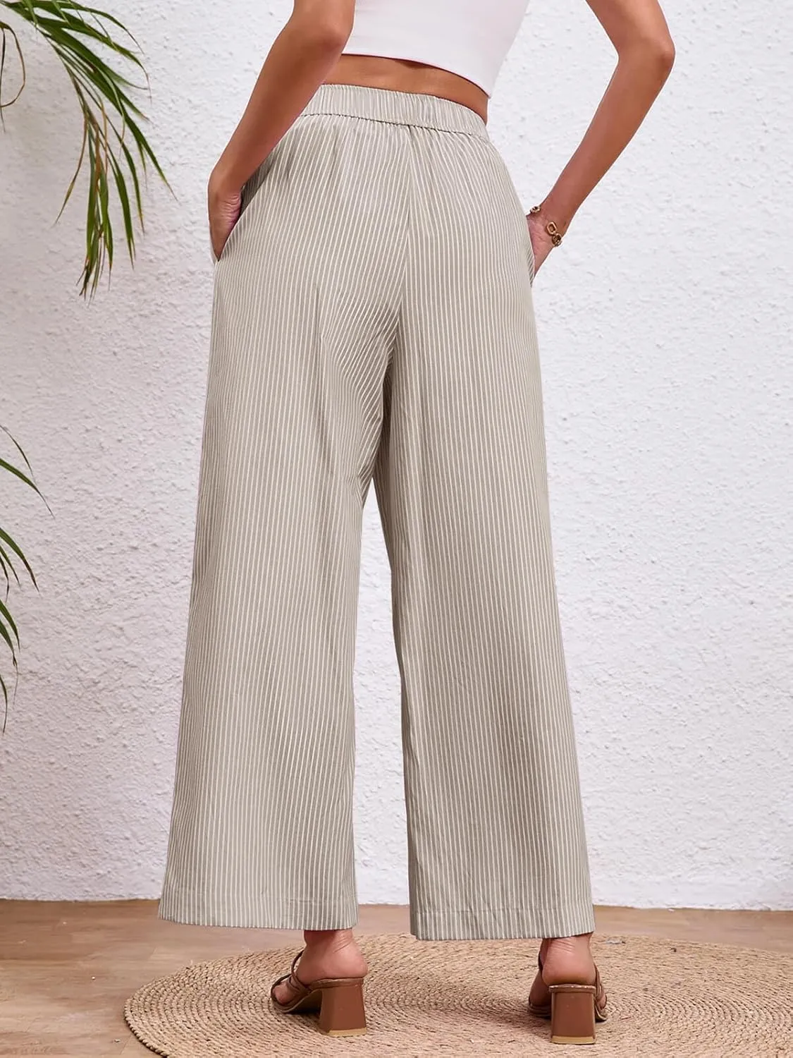 Tankaneo Womens Boxer Pants Striped Lounge Pajama Bottoms Elastic High Waisted Wide Leg Trousers with Pockets