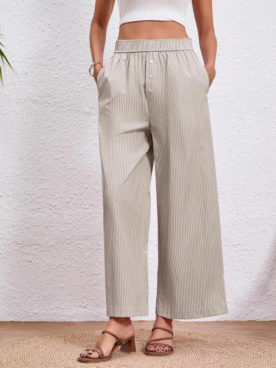 Tankaneo Womens Boxer Pants Striped Lounge Pajama Bottoms Elastic High Waisted Wide Leg Trousers with Pockets