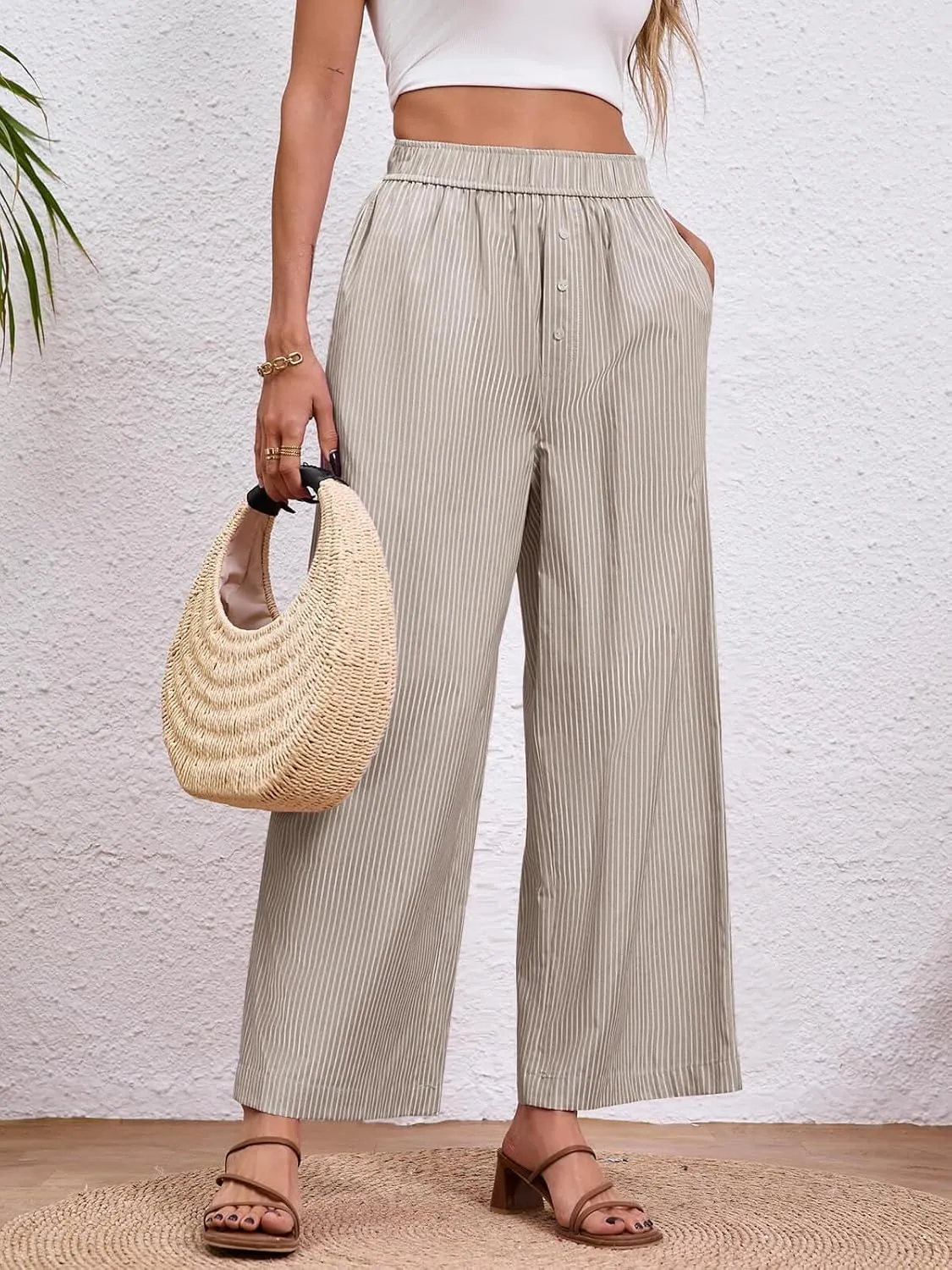 Tankaneo Womens Boxer Pants Striped Lounge Pajama Bottoms Elastic High Waisted Wide Leg Trousers with Pockets
