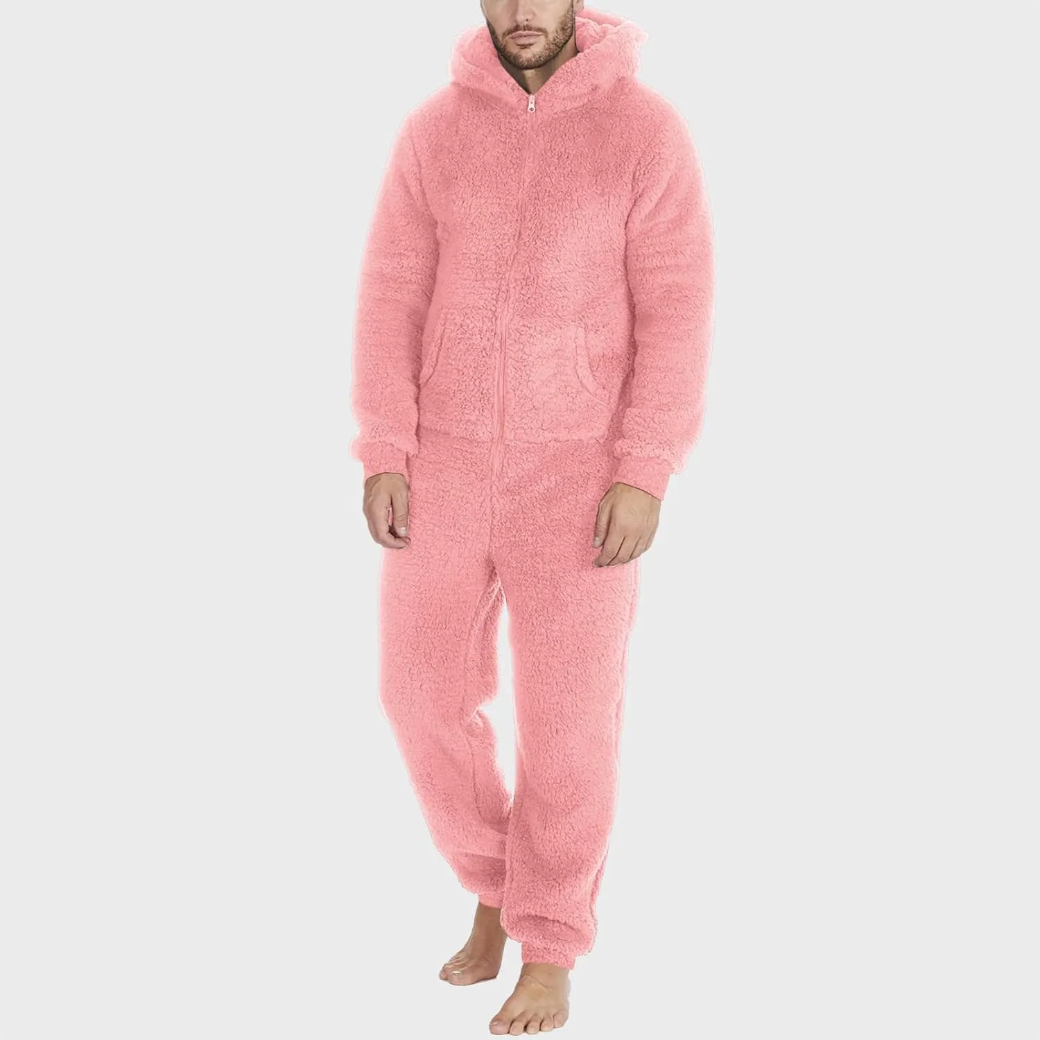 Thatrich Mens Fleece Jumpsuit Thermal Sherpa Underwear Winter Warm Pajamas Hooded Zipper Pajama Sets Lounge Pjs Plush Fuzzy