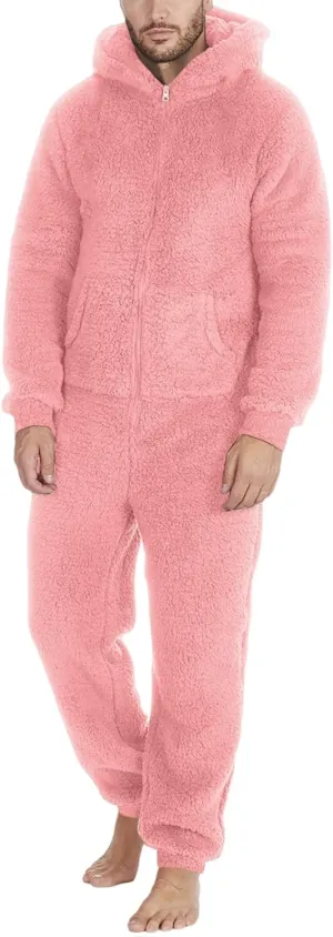 Thatrich Mens Fleece Jumpsuit Thermal Sherpa Underwear Winter Warm Pajamas Hooded Zipper Pajama Sets Lounge Pjs Plush Fuzzy