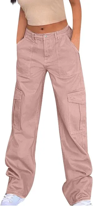 Trendy Cargo Jeans for Women Loose Straight Leg Denim Jean Casual Multi-Pocket Denim Pants Full Length Trousers
