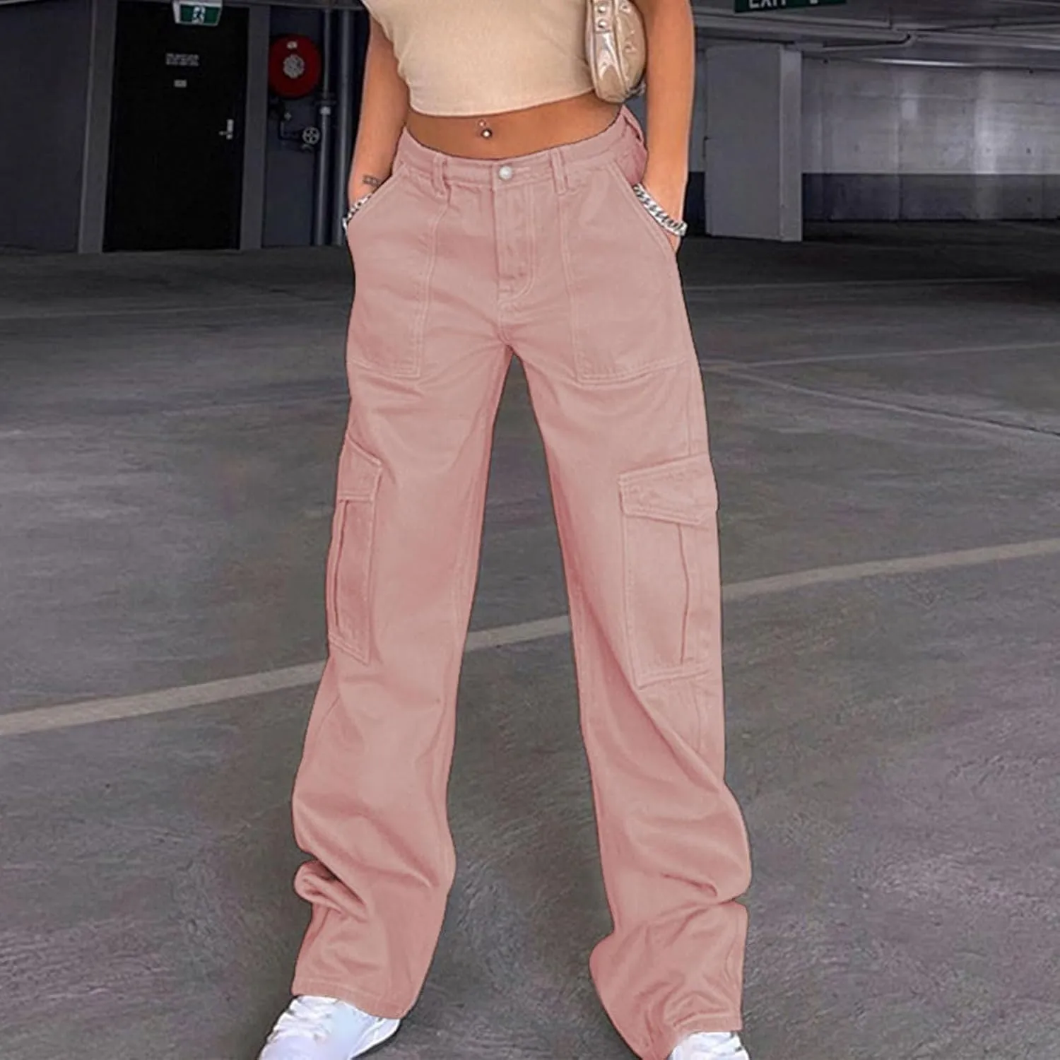 Trendy Cargo Jeans for Women Loose Straight Leg Denim Jean Casual Multi-Pocket Denim Pants Full Length Trousers