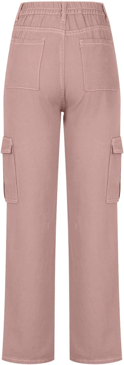 Trendy Cargo Jeans for Women Loose Straight Leg Denim Jean Casual Multi-Pocket Denim Pants Full Length Trousers