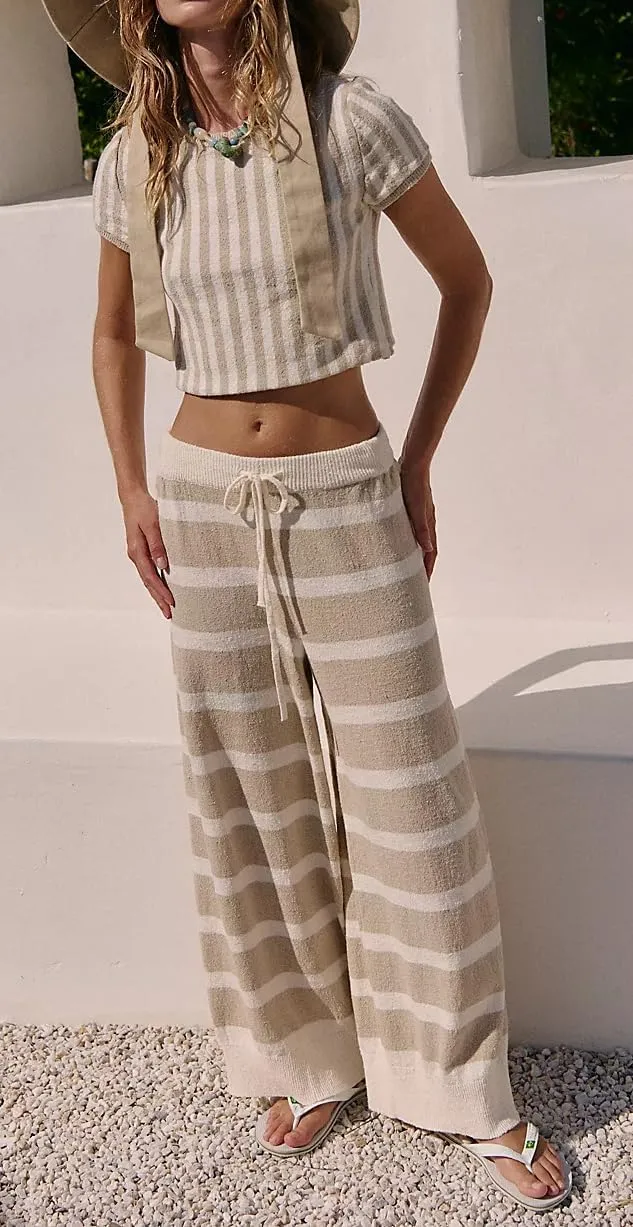 UAURORAO 2 Piece Striped Knit Sets for Women Short Sleeve Crop Top Wide Leg Pants Lounge Set Summer Sweater Outfits