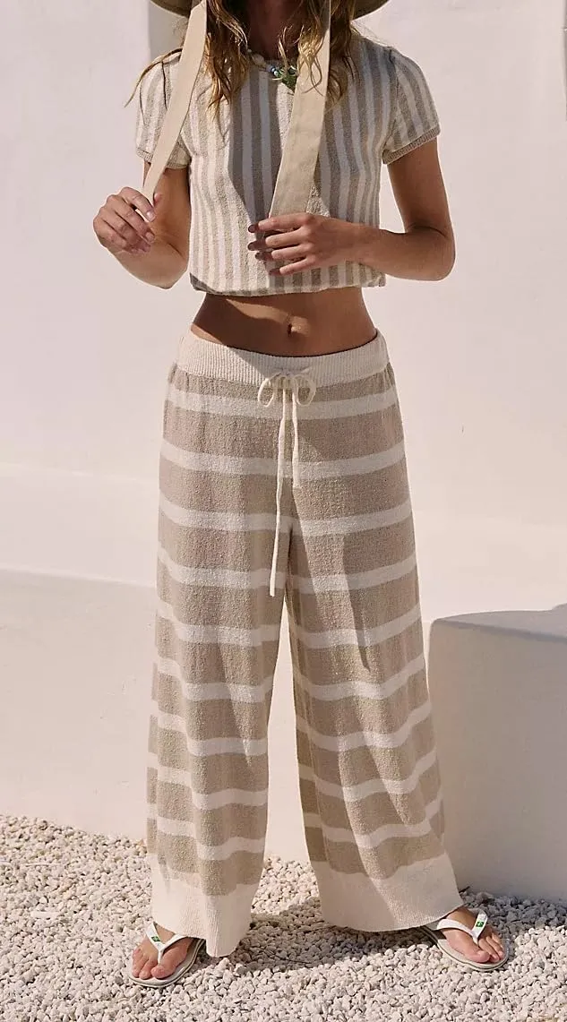 UAURORAO 2 Piece Striped Knit Sets for Women Short Sleeve Crop Top Wide Leg Pants Lounge Set Summer Sweater Outfits