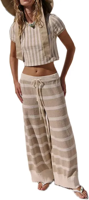 UAURORAO 2 Piece Striped Knit Sets for Women Short Sleeve Crop Top Wide Leg Pants Lounge Set Summer Sweater Outfits