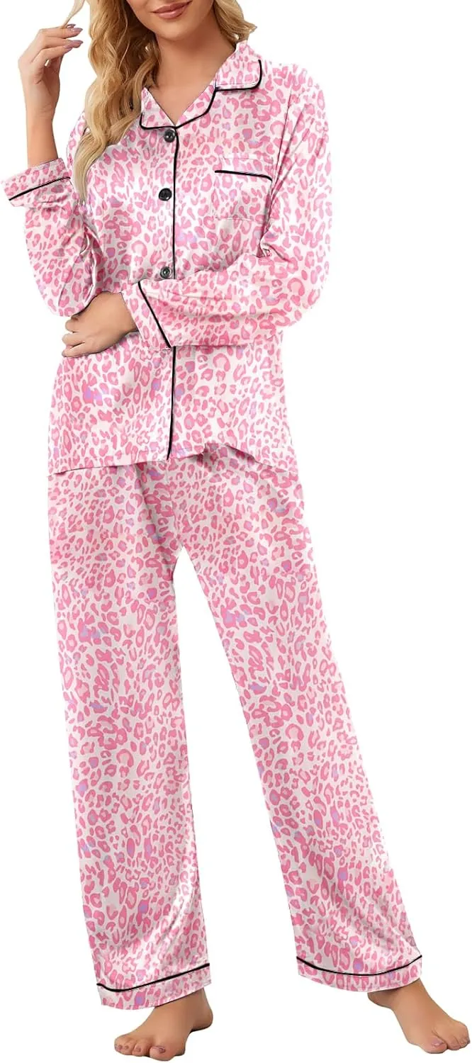 Umeyda Girls & Womens Satin Pajamas Set, 2 Pieces Silky Pjs Long Sleeve   Pants Sleepwear for Mom Kids and Boys