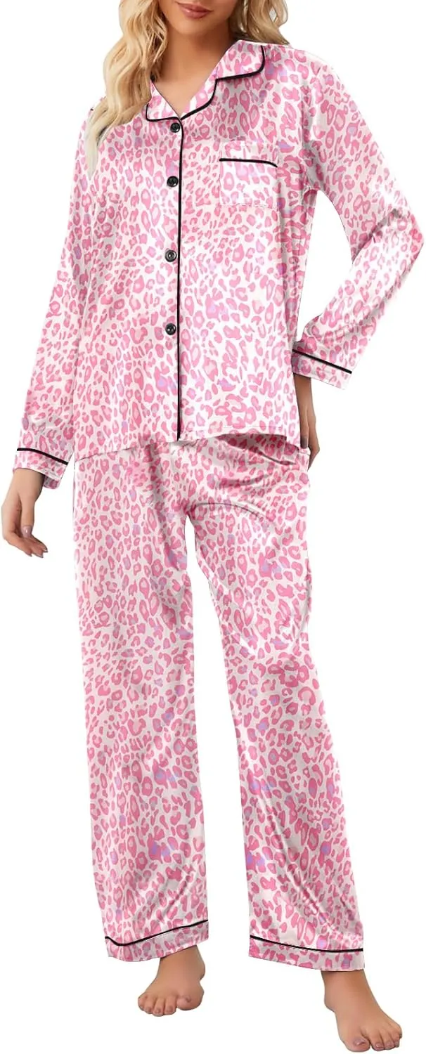 Umeyda Girls & Womens Satin Pajamas Set, 2 Pieces Silky Pjs Long Sleeve   Pants Sleepwear for Mom Kids and Boys
