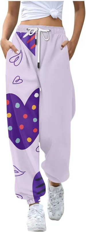 Valentines Sweatpant for Women Love Heart Printed Baggy Pants Elastic Waist Joggers Casual Loose Trousers Bottoms