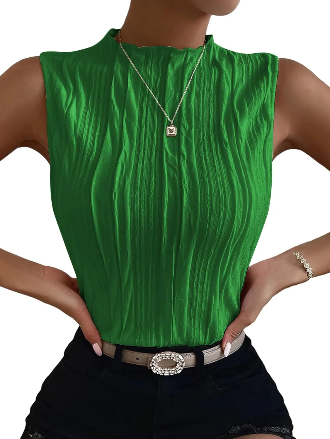 Verdusa Women's Sleeveless Mock Neck Textured Tank Top