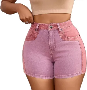 Viatabuna Color Block Jean Shorts for Women Teen Girls High Waisted Stretchy Slim Fit Patchwork Denim Shorts with Pockets