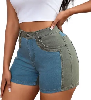 Viatabuna Color Block Jean Shorts for Women Teen Girls High Waisted Stretchy Slim Fit Patchwork Denim Shorts with Pockets