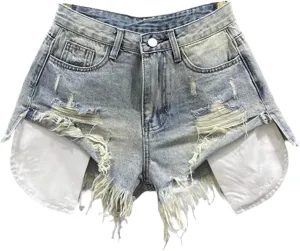 Vintage Blue Sexy Ripped Jeans for Women Patchwork A-line High-Waisted Denim Ultra Shorts