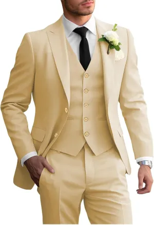 Wangyue 3 Piece Men's Suits Slim Fit Sets Elegant Suit for Men Peak Lapel Two Button Solid Jacket Vest Pants Prom
