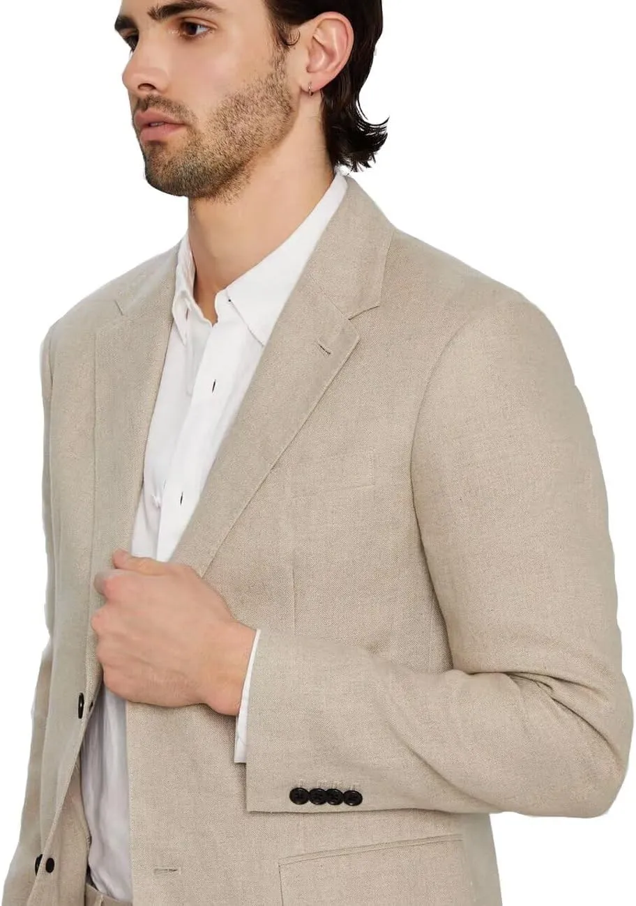 Wangyue Men's Linen Suit Slim Fit 2 Piece Suit Casual Lightweight Summer Beach Wedding Linen Blazer Pants Set