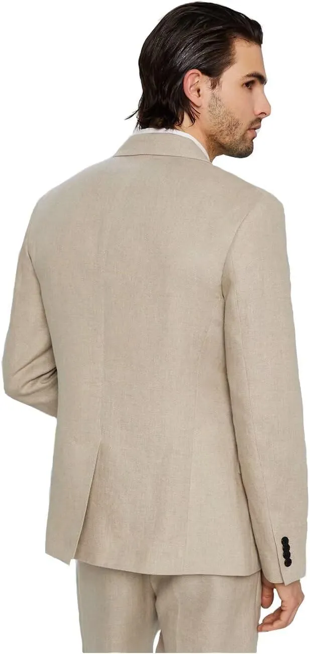 Wangyue Men's Linen Suit Slim Fit 2 Piece Suit Casual Lightweight Summer Beach Wedding Linen Blazer Pants Set