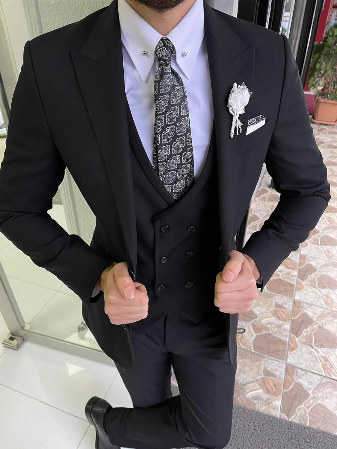 Wangyue Suit for Men Slim Fit 3 Piece Suit Two Button Formal Wedding Groomsmen Prom Tuxedo Jacket Pants Vest Set