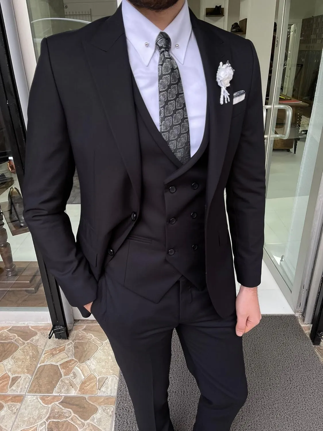Wangyue Suit for Men Slim Fit 3 Piece Suit Two Button Formal Wedding Groomsmen Prom Tuxedo Jacket Pants Vest Set