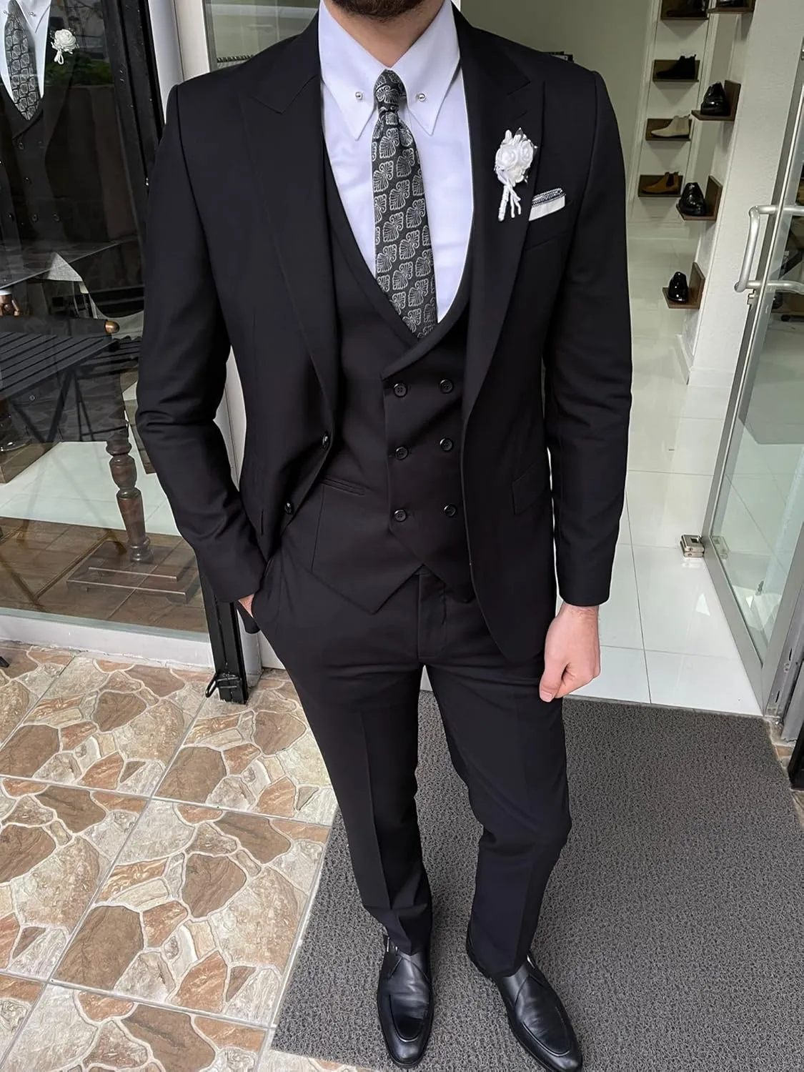 Wangyue Suit for Men Slim Fit 3 Piece Suit Two Button Formal Wedding Groomsmen Prom Tuxedo Jacket Pants Vest Set