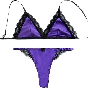 WDIRARA Women's 2 Piece Lace Trim Satin Underwear Set Wireless Scallop Bralettes and Mid Rise Thong Lingerie Sets